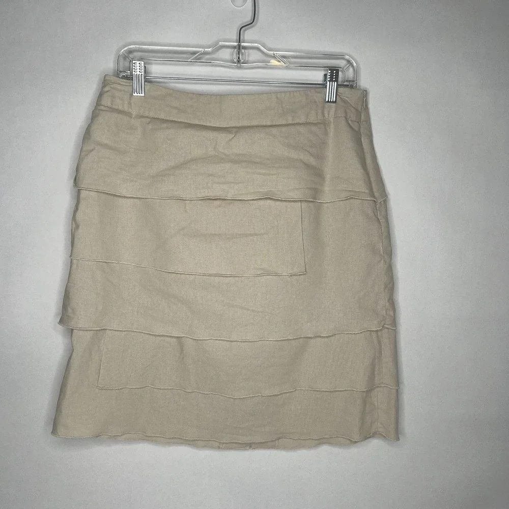 Larry Levine Tan‎ Linen Blend Tiered Ruffle Pencil Skirt Stretch Womens Size 10